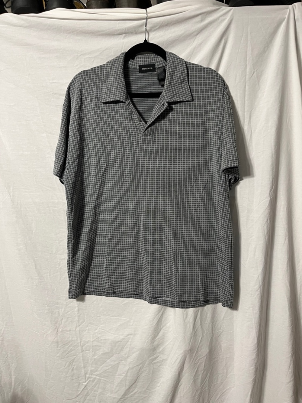 Claiborne Black and Gray Grid Short-Sleeve Polo